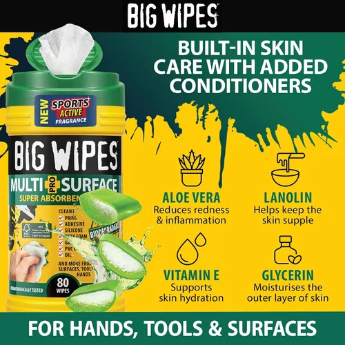 Miniatura 6 de BIG WIPES Recipiente multisuperficie resistente, paños de limpieza súper absorbentes para manos, superficies y herramientas, recipiente de 80