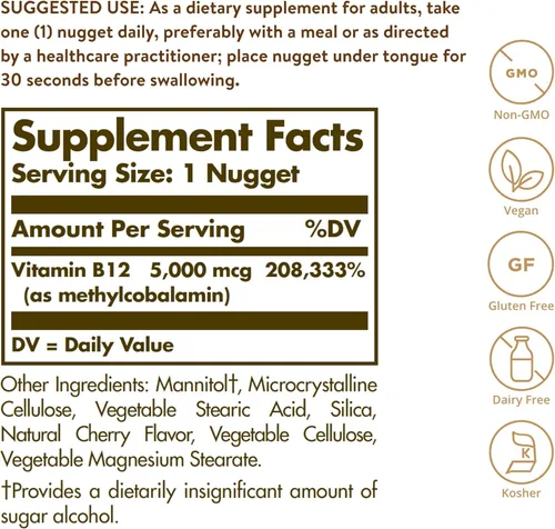 Miniatura 2 de Solgar Metilcobalamina (Vitamina B12) 5000 mcg, 60 Nuggets - Sabor a cereza - Apoya el metabolismo energético - Listo para el cuerpo, forma activa