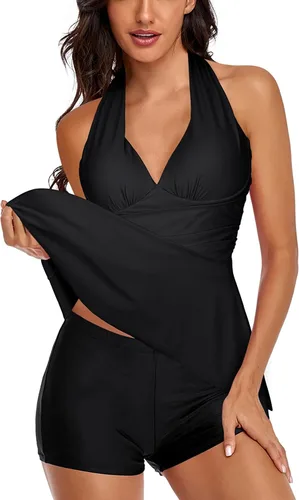 Miniatura 3 de Omichic Traje de baño tankini halter de dos piezas para mujer, con control de abdomen, cuello en V, con pantalones cortos