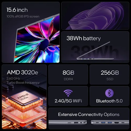 Miniatura 2 de UOWAMOU 15.6 IPS-FHD-Laptop, 8GB RAM 256GB SSD AMD 3020e (hasta 2.6GHz), computadora tipo C de función completa para WiFi 5 BT5.0