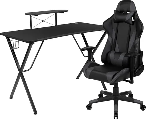 Miniatura 37 de Flash Furniture Juego de escritorio para juegos negro y silla de carreras blanco/negro con soporte para tazas, gancho para auriculares y soporte