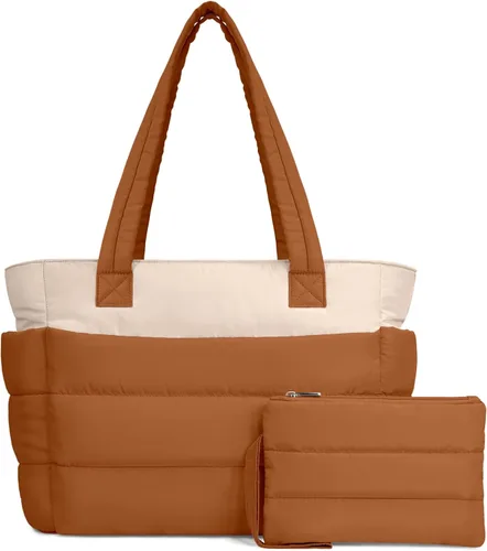 Miniatura 23 de TOPDesign Bolsa Tote Acolchada para Mujer, Bolso de Mano Ligero Inflado con Compartimentos, Bolsa de Hombro Acolchada para Trabajo, Viajes, Gimnasio