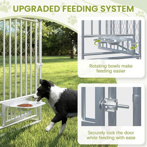 Miniatura 4 de 10FT x 10FT Outdoor Dog Kennel with Roof, Outside Dog Run Fence with Rotated Dog Bowls, Large Dog House Pen Enclosure with Secure Lock&Textilene Door