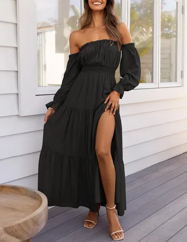 Miniatura 97 de ZESICA - Vestido largo, bohemio y sexy, con hombros descubiertos y manga larga fruncida, con elástico fruncido, cintura alta y abertura lateral