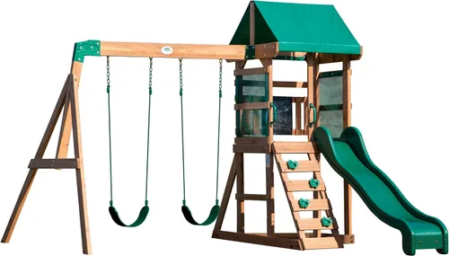 Set de juego de columpio Backyard Discovery Buckley Hill de madera de cedro con tobogán de ola, plataforma de juego, pared de roca con escalera,