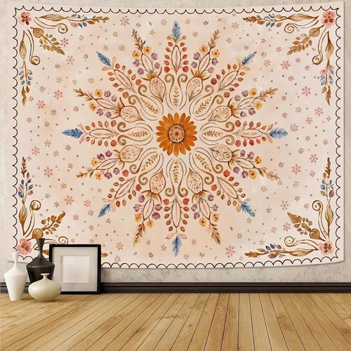 Miniatura 49 de Fowocu Tapiz bohemio con mandala floral para colgar en la pared, medallón de flores bohemias, tapiz estético, beige, naranja, hippie, indio, pequeño