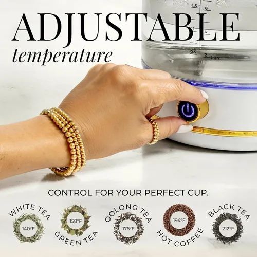 Miniatura 5 de Tetera eléctrica blanca con control de temperatura, caldera de agua caliente rápida de 1500 W y calentador - Hervidor eléctrico blanco y dorado