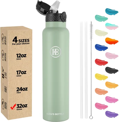 Miniatura 29 de Han's Bottle - Botella de agua para niños con tapa con pajilla - Vaso reutilizable de acero inoxidable aislado para niñas, niños, taza termo, 17