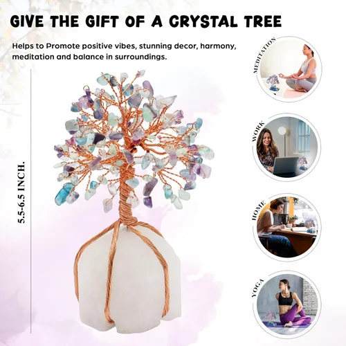 Miniatura 5 de Árbol de la vida de cristal de fluorita con base de cuarzo, árbol de piedras preciosas para decoración de estantes y dormitorios, cristales y Base