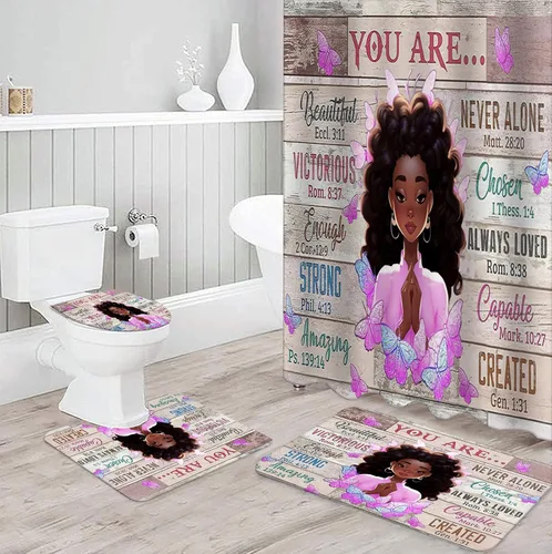 Miniatura 3 de NEWSUYAA Juego de 4 cortinas de ducha para niña negra con alfombras de baño, juego de 4 juegos de baño rústicos afroamericanos, cortinas