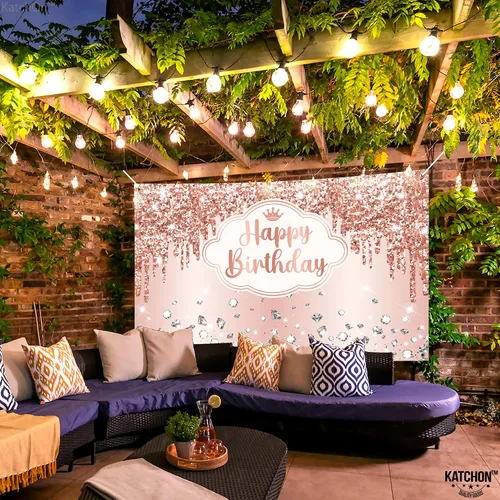 Miniatura 8 de KatchOn, Cartel extragrande de feliz cumpleaños de oro rosa, 72 x 44 pulgadas, decoraciones de cumpleaños para mujeres y niñas, pancarta de fondo