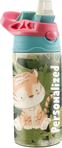 Miniatura 14 de All-Star Sports – Diseño rosa – Botella de agua pequeña de 12 onzas con popote de silicona desplegable – Personalizar con nombre – Aislamiento