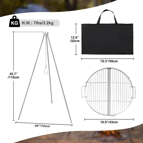 Miniatura 6 de Parrilla Trípode para Fogata para Cocinar, Parrilla Trípode de Fuego para Acampar de Acero Inoxidable Duradera con Rejilla de Parrilla y Bolsa