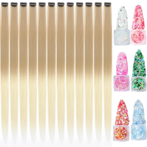 Miniatura 18 de Extensiones de cabello de colores, extensión de cabello liso con clip de 22 pulgadas, extensiones de cabello con brillantina multicolor arcoíris