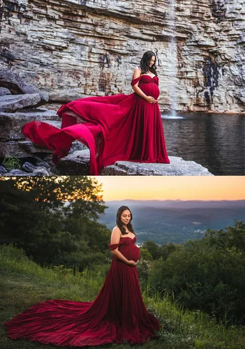 Miniatura 7 de ZIUMUDY Vestido largo de gasa de maternidad para sesión de fotos, fotografía con hombros descubiertos, vestido de gasa transparente envuelto