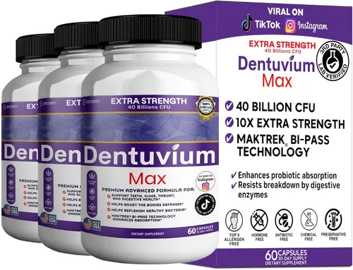 Suplemento probiótico Dentuvium Max, 40 mil millones de UFC, apoya la salud digestiva de los dientes, encías, garganta, sin gluten, sin azúcar, sin