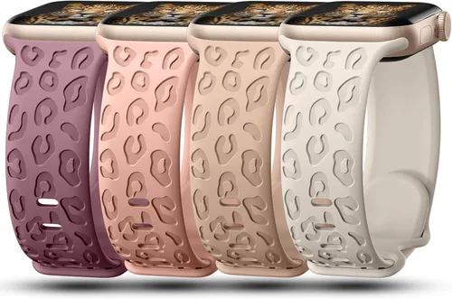 CreateGreat - Paquete de 4 bandas grabadas con diseño de leopardo compatibles con Apple Watch para mujeres de 38mm 40mm 41mm 42mm 44mm 45mm 46mm