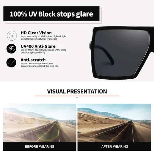 Miniatura 5 de Gafas de sol de 3 piezas para mujer y hombre, montura grande, gafas retro cuadradas