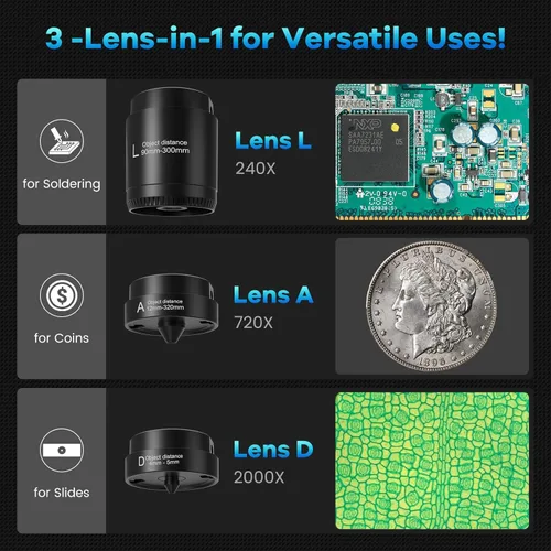 Miniatura 2 de LM249MS - Microscopio digital HDMI de 3 lentes de 10.1 pulgadas, microscopio de soldadura 2000X, cámara para reparación electrónica, soporte