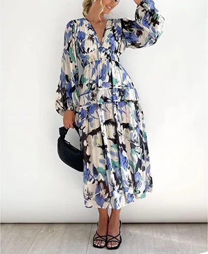 Miniatura 4 de Bowanadacles Women Floral Print Tiered Maxi Dress Puff Sleeve V Neck Smoked Dress Boho Flowy Beach Long Dresses