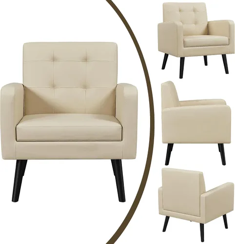 Miniatura 5 de Topeakmart Silla decorativa de mediados de siglo, moderna y acogedora silla de sofá de piel sintética con cojín grueso y patas de madera resistentes