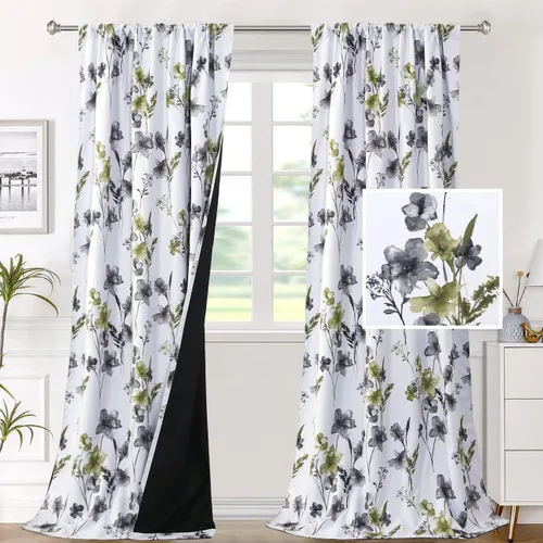 Miniatura 24 de H.VERSAILTEX Cenefas de cortina 100% opacas para ventanas de cocina, juego de 2 paneles de Cattleya con estampado floral Leah con aislamiento