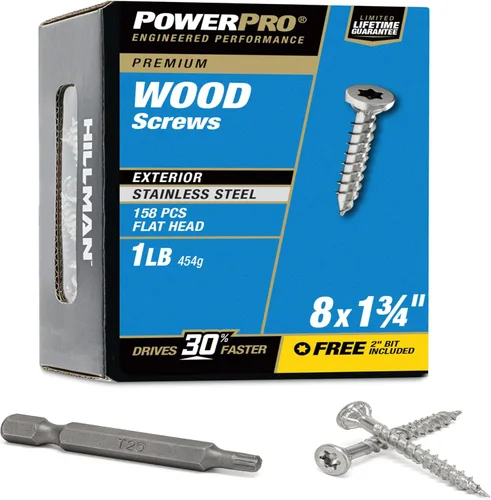 Power Pro 48620 Tornillos para madera, #8 x 1-3/4", tornillos marinos de acero inoxidable premium, resistentes a la corrosión, acero inoxidable,