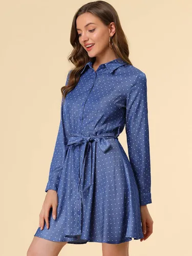 Miniatura 2 de Allegra K Vestido camisero con cinturón de lunares y manga larga con botones para mujer