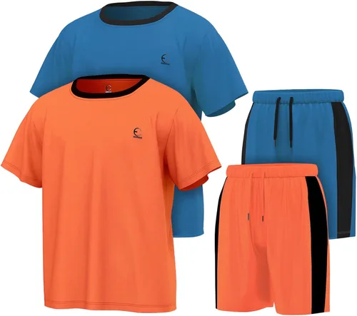 Conjuntos de ropa para niños, sin etiquetas, holgados, atléticos, de cuello redondo, camiseta y pantalones cortos, tallas 3-16 (juego de 4 piezas)