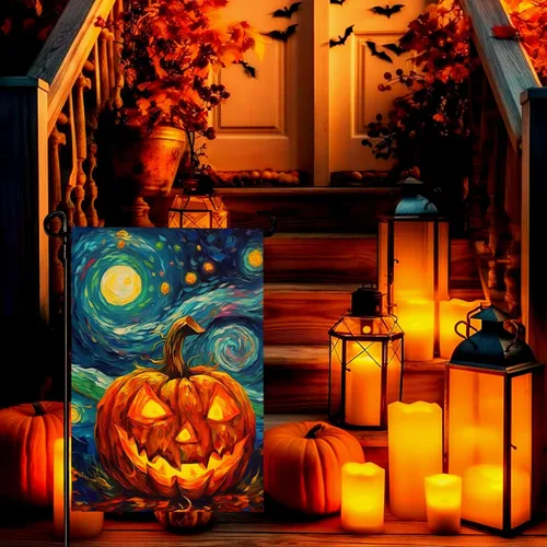 Miniatura 6 de Bandera de jardín de Halloween, bandera de jardín de calabaza Van Gogh, banderas de jardín, artes, cielo nocturno estrellado, luna, bandera