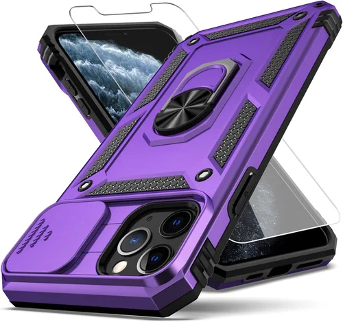 Miniatura 7 de Funda para iPhone 11 Pro Max con cubierta deslizante para cámara + protector de pantalla HD, soporte de anillo giratorio de grado militar a prueba