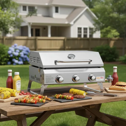Miniatura 5 de ONLYFIRE GRILLS - Parrilla de mesa de gas con patas plegables, parrilla de gas propano portátil de 3 quemadores con tapa plana para cocinar al aire