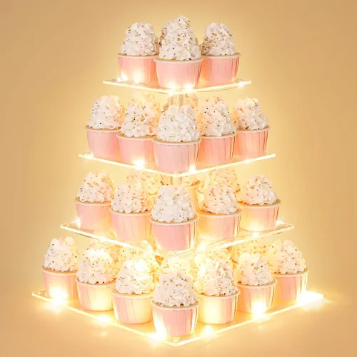 Miniatura 9 de Suneerplay Soporte para cupcakes de 4 niveles con cadena de luz LED, soporte de exhibición de cupcakes de acrílico, soporte cuadrado para torre
