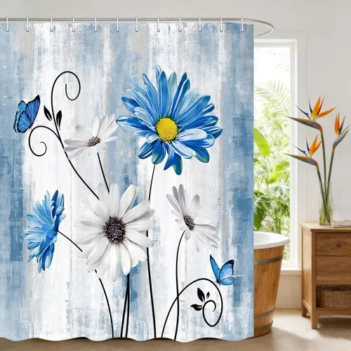 JAWO Cortina de ducha con diseño floral de margaritas azules, cortina de ducha rústica de granja y mariposa en el campo, juego de cortinas de ducha