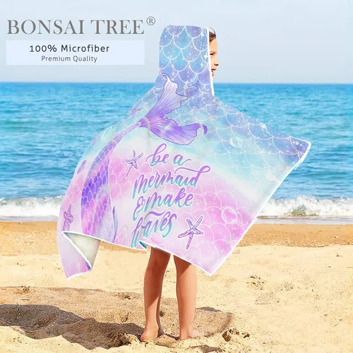 Miniatura 8 de Bonsai Tree Toalla de playa de sirena para niños con capucha, toalla de poncho de microfibra con capucha de cola de sirena para niñas, 30 x 50