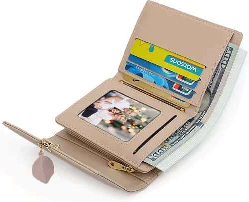 Miniatura 2 de UTO - Cartera pequeña RFID de piel sintética con dije de hoja, cierre de cremallera y tarjetero.
