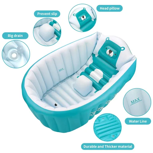 Miniatura 4 de Tina de baño inflable para niños pequeños, asiento central con cojín grueso antideslizante de seguridad, tina de baño portátil para viajes, piscina