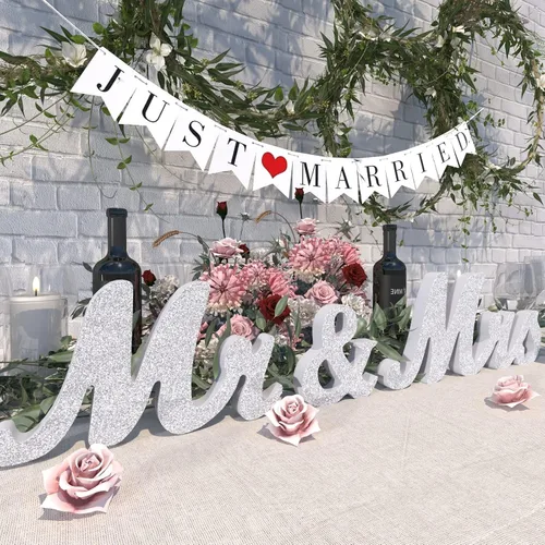 Miniatura 10 de Señal de Mr & Mrs para mesa de boda, letrero grande de madera de oro rosa con texto en inglés "Mr and Mrs & Just Married", decoración de mesa