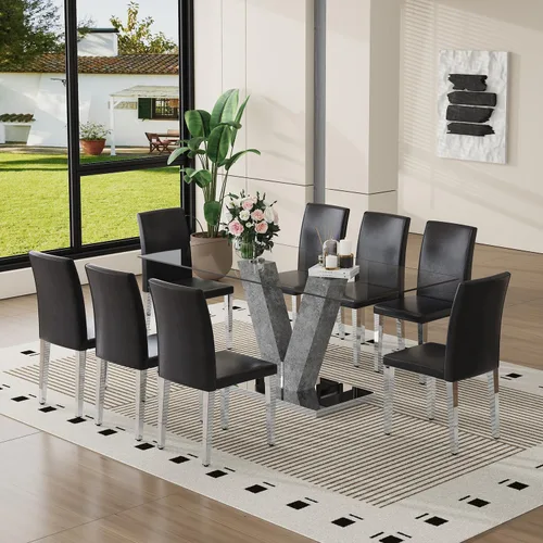 Miniatura 16 de Juego de mesa de comedor de cristal moderno de 71 pulgadas para 6, juego de mesa de comedor de 7 piezas con sillas y mesa de vidrio templado