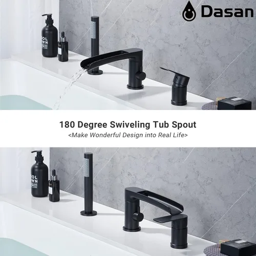 Miniatura 4 de DASAN DA-TF09WH-BK - Juego de grifo de bañera romano con rociador de ducha de mano de 3 agujeros, juego de grifo de bañera romana de cascada negro