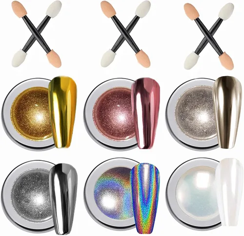 6 polvos de uñas cromados, efecto espejo, blanco perla cromada láser, polvo de dona esmaltado