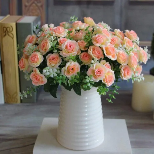 Miniatura 7 de Flor artificial de gama alta 5 tenedor 15 mini rosas decoración del hogar