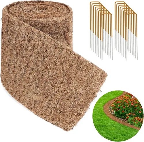 Mantillo natural para paisajismo de 120 x 6.3 pulgadas, rollo de fibra de coco con 16 estacas de acero en forma de U, borde de jardín, barrera de