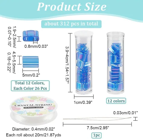 Miniatura 2 de NBEADS Juego de 208 cuentas metálicas de 2 agujeros, 8 colores de 0.197 x 0.197 in, incluye hilo elástico y agujas de cuentas de acero inoxidable