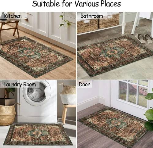 Miniatura 7 de Moynesa Alfombra Lavable Vintage para Baño, Alfombra Pequeña de Área 2x3 para Entrada Alfombra para Puerta Interior, Alfombras de Cocina Boho Rojo