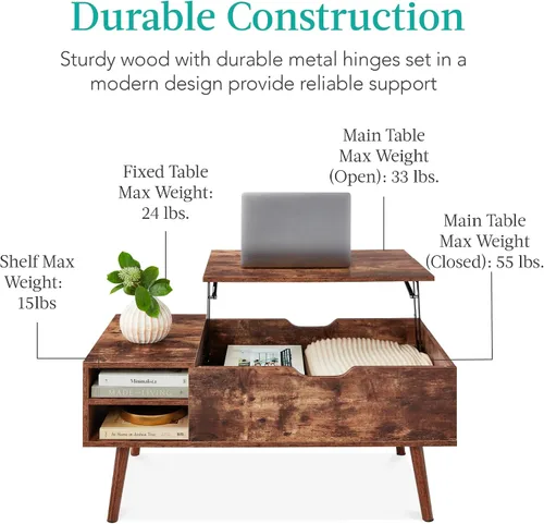 Miniatura 7 de Best Choice Products Mesa auxiliar elevable, mesa de centro multifuncional de madera de mediados de siglo para sala de estar con almacenamiento