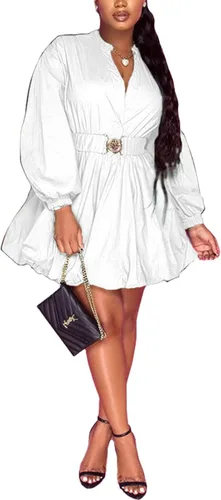 Miniatura 2 de Uni Clau Vestido camisero con botones para mujer, manga larga, acampanado, casual, corto, con cinturón