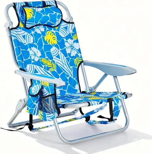 Miniatura 9 de Silla de playa tipo mochila para adultos, silla de camping plegable portátil con 5 posiciones reclinable, reposacabezas, portavasos y bolsa