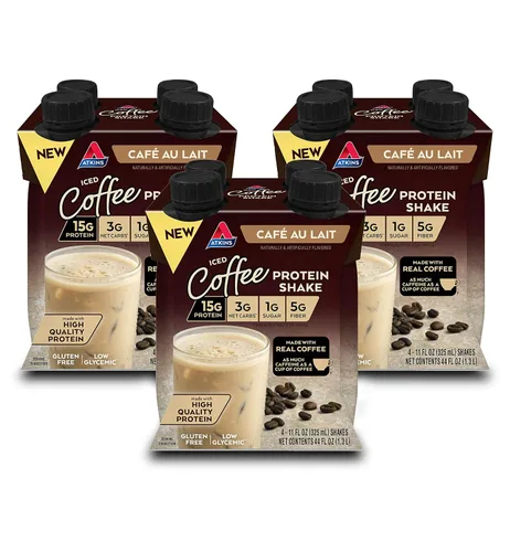 Atkins Café au Lait - Batido de proteínas con sabor a café helado, batido alto en proteínas, bajo en azúcar, bajo en carbohidratos y bajo en azúcar,