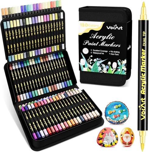 VOKART Marcadores de Pintura Acrílica de 120 Colores - Pincel de Punta Doble y Bolígrafos de Pintura Fina para Tela para Roca, Lienzo, Cerámica,